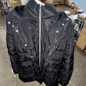 Guess Women’s Black Hooded Puffer Jacket Faux Fur Trim Quilted Zip & Snap Size M